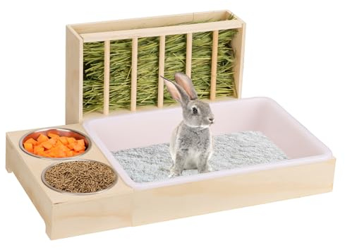 Caja de Arena 3 en 1 para Conejos con comedero de heno y Cuencos, comedero de heno de Madera para Conejillos de Indias, hámster, Animales pequeños