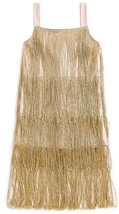 Fiacafyo Toddle Kids Girl Sequin Fringe Dress Sleeveless Sparkling Layered Tassel Dresses Little Girls Party Latin Dance Dress (B-Gold, 9-10 Years)