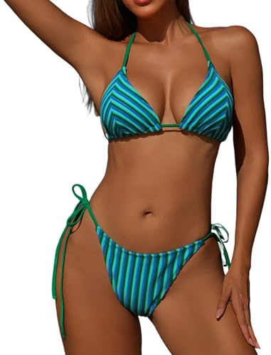 ZAFUL Women's Colorful Stripes Halter Flocking Textured Triangle Tie Side String Bikini Set High Cut Two Piece Bathing Suit (A01 Green, M)