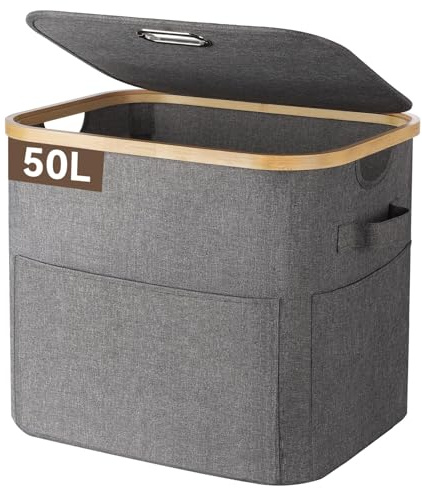 OUSFOT Cesto Portabiancheria Sporca 50L, Cesta Panni Sporchi con Grandi Tasche Anteriori e una Robusta Maniglia, Impermeabile Laundry Basket Per Armadi a Muro, Camere da Letto, Lavanderie, Bagno