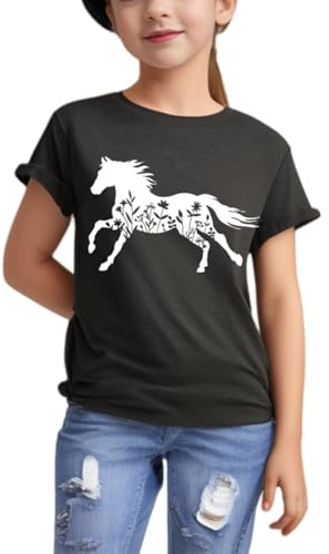Horse Shirt for Girls Western Shirt Cowgirl Tshirts Horse Riding Tee Animal Lover Gift Graphic Tees Tops Grey