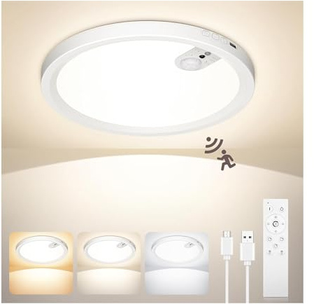 Uwithm plafon con sensor de movimiento, batería recargable de 7000mAh, 3 temperaturas de color, regulable en brillo, con control remoto con temporizador, adecuada para baños, pasillos, garajes（1 pcs）