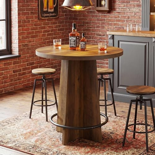 Tribesigns Round Bar Table, 37.4'' Tall Wooden Bistro Pub Table with Base and Metal Ring Footrest for Coffee House, Home, Small Space, Brown(Only Table)