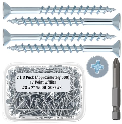 MorningRo #8 x 2 Inch Flat Head Particle Board Screws Type 17 Nibs with 1 Driver Bit, 2 lb Zinc Coated Steel Wood Screws for Cabinet Hinges Furniture Indoor Wood Projects