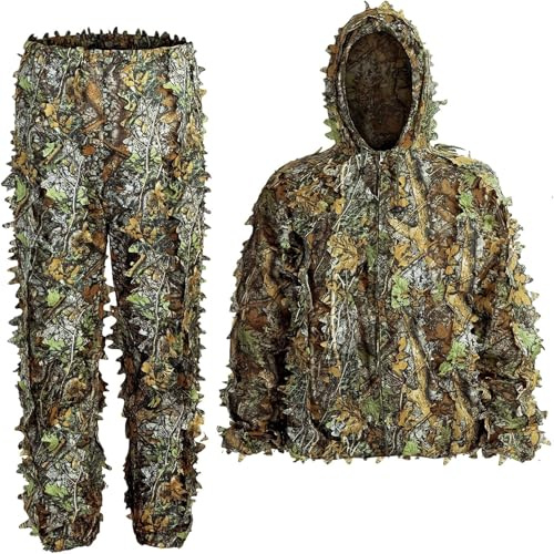 Beler Ghillie kostym, 5-delad 3D-kamouflagedräkt, jaktkläder, kamouflagedräkt för jakt, skogs- och taktiska insatser, kamouflageset med jacka, byxor, huvud