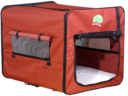 Go Pet Club 32 Soft Collapsible Dog Crate, Portable Pet Carrier, Thick Padded Pet Travel Crate for Indoor & Outdoor, Foldable Kennel Cage with Durable Mesh Windows, Brown