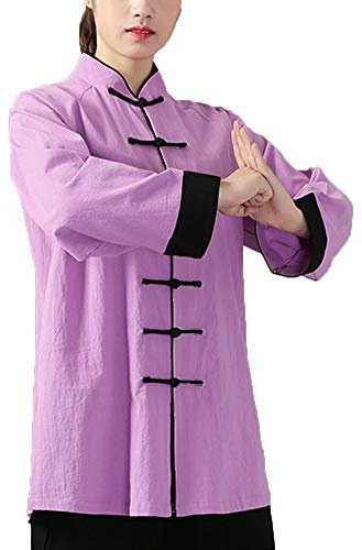 PengGengA Tai Chi Abbigliamento Colletto Dritto con Seta Cotone Modelli Gong Fu Arti Abiti da Marziali Completi Unisex Viola Nero S