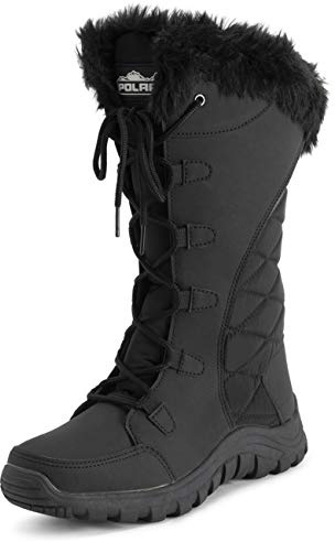 Polar Women's Knee High Winter Boots - Waterproof Fur Lined Quilted Snow Boots with Non Slip Sole, Insulated Warm Outdoor Walking Footwear - Black Nylon Tall - UK8/EU41