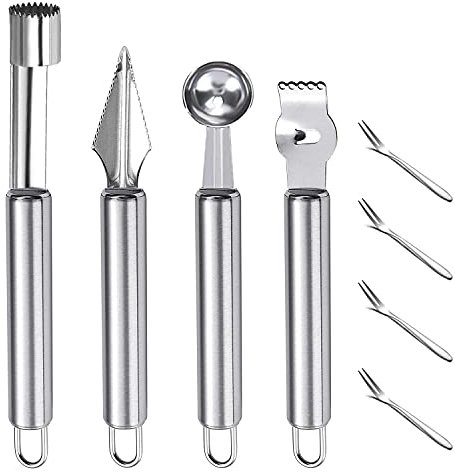 Nuyoah Levatorsoli Mela Scavino da Cucina Fruit Carving Melone Baller Limone Pelatrici 4pz Acciaio Inossidabile Set con 4pz Forchette Frutta per DIY Fruit Salads