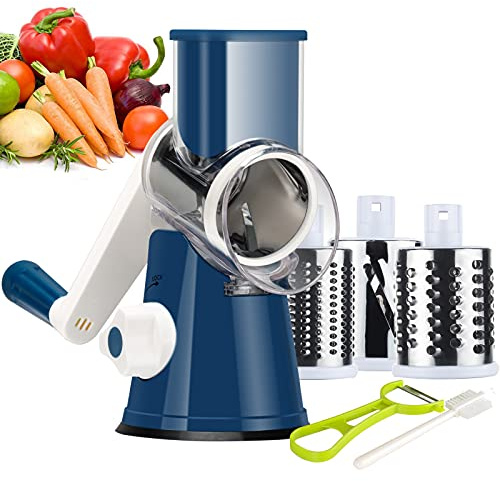 Ourokhome Rotary Cheese Grater Hand Crank, Kitchen Shredder Speed Mandolin Slicer Nut Grinder with Handle and Drum Blades for Cheese, Vegetable, Walnut, Chocolate, Potato, Carrot, 3 Blades, Dark Blue
