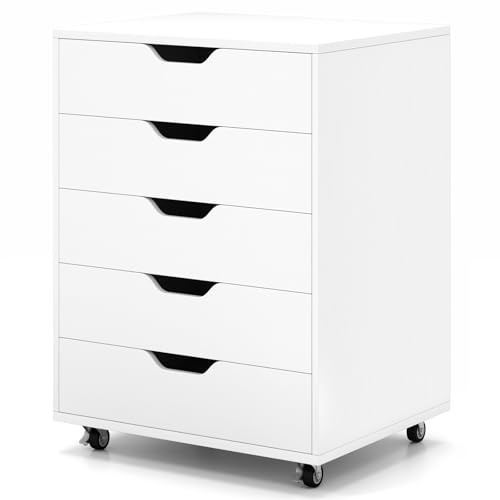 COSTWAY Mobile File Cabinet, 5/7 Drawers Lateral Stationery Storage Organiser Chest with Wheels, Home Office Printer Stand Side Filing Cupboard (White, 5 Drawers)