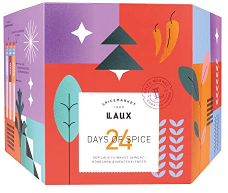 LAUX Premium VEGAN Gewürz Adventskalender - 23 hochwertige Gewürze im Glas-Röhrchen und 5er Holzdisplay - Kalender für Genussliebhaber