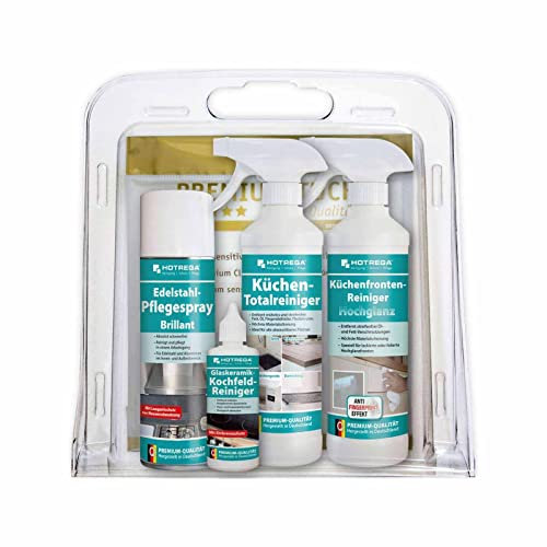 HOTREGA Küchenpflege-Set Hochglanz | Küchenfronten Reiniger, Edelstahl Pflegespray, Glaskeramikreiniger, Küchen-Totalreiniger + Premiumtuch Sensitive