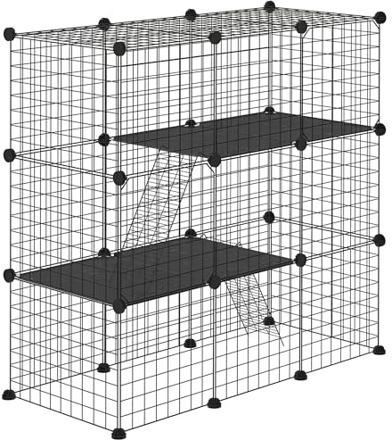 PawHut Jaula para Animales Pequeños de 31 Paneles Parque para Mascotas en Bricolaje con Rampa Corralito para Gatitos Conejos Chinchillas 105x45x105 cm Negro