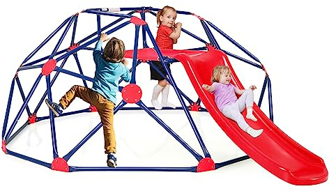COSTWAY Cúpula de Escalada, Juego de Cúpula Geométrica con Tobogán Resistente, hasta180 KG, Cojín de Tela, Niños de 3-10 Años, Patio, Jardín, Parque (Rojo)