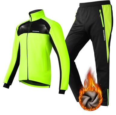 ROCKBROS Ensemble Veste+Pantalon de Vélo Thermique Hiver Vêtements de Vélo Molleton Polaire Coupe-Vent Respirant Réglable Activité Plein Air Cyclisme Escalade Randonnée Camping Course Vert Fluo M-4XL