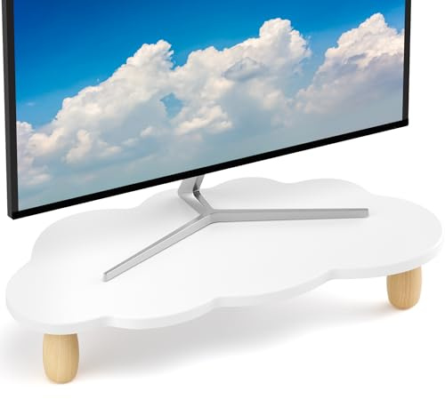 AFOOYO Monitorständer, Wolkenform, stabiles Holz, Computer-Monitor-Ständer, Mehrzweck-Ständer, Desktop-Organizer für Computer, Laptop, Drucker, Fernseher, Weiß