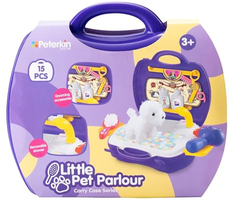 PETERKIN | Little Pet Parlour Carry Case Toy | 15 piece, brightly coloured, plastic pet grooming salon set in a sturdy 24 cm carry case | Roleplay Toys | Ages 3+, Purple