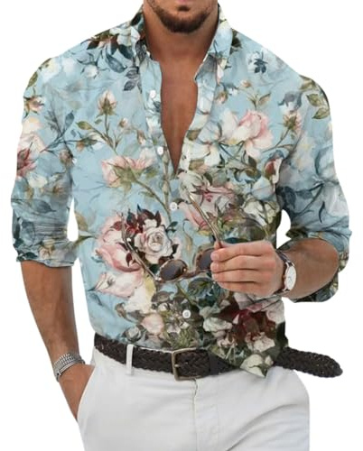 Oanviso Chemise Casual pour Homme Floral Imprimé Funky Chemises Hawaïenne Vintage Manches Longues Ete Plage Chemise avec Bouton Élégant Chemises Vacances A 15 XL