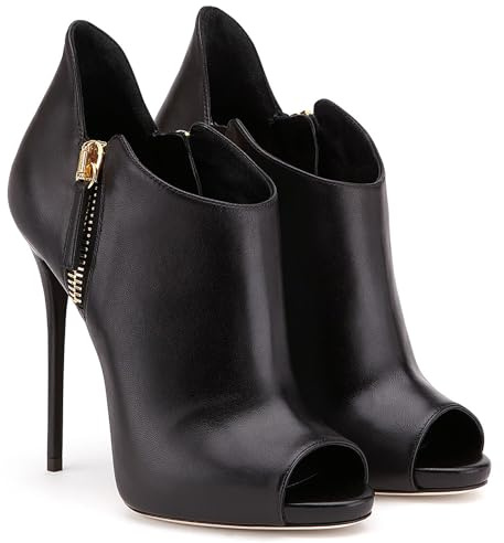 Pointed Toe Stiletto High Ankle Boots, Classic Leather Solid Color Black Booties Fashion Peep Toe Fish Mouth Short Boots Fashion Retro Party Spring Autumn Shoes,Black,12 UK