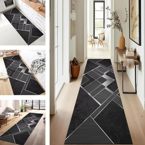 SUCERU Teppich Läufer Flur Küche rutschfest waschbar Teppichläufer Lang 110X250CM Schwarz Silber Modern Design Meterware Korridor Tepiche Esszimmer Schlafzimmer Wohnzimmer Schmutzfangmatte
