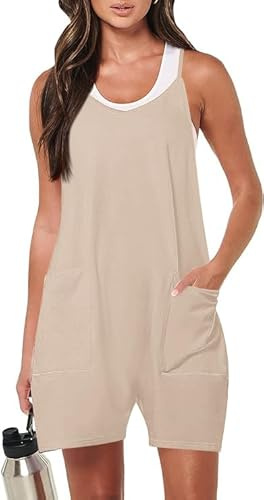 Haibang Mono Mujer Verano Corto Sin Mangas Cuello en V Peto Mujer Verano Espaguetis Sueltos Una Pieza Jumpsuit Casual Mono Pantalon con Bolsillos