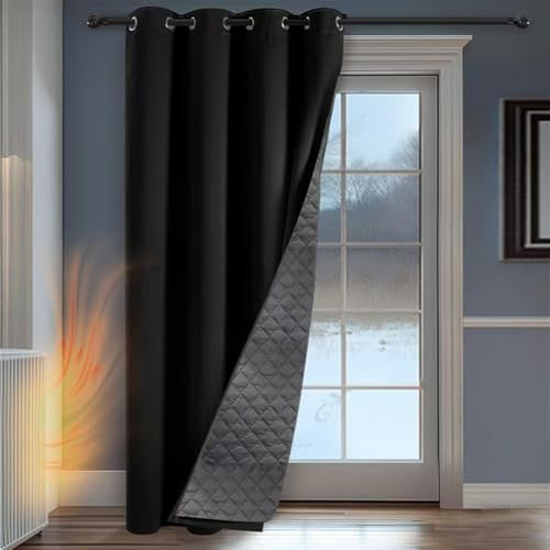PANOVOUS Thermal Door Curtains for Winter, 2-Layer Blackout Curtain with Thick Cotton Lining, Front Door Curtains Thermal Insulation, 132x175cm, Black, 1 Panel Eyelet