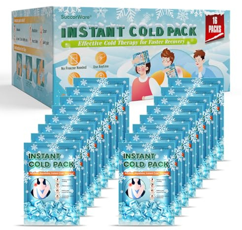 SuccorWare 16 Pack Instant Ice Pack (5.9 x 8.6) - Disposable Cold Compress for Injuries, Cold Pack for Pain Relief