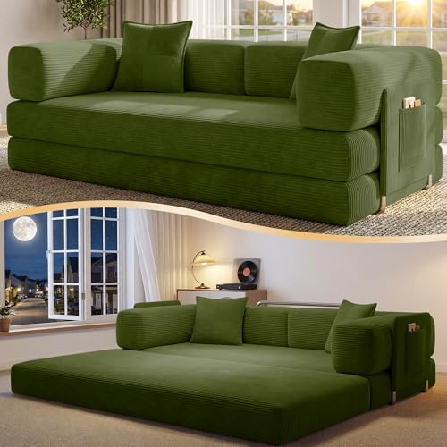CUBENTE 78.8 Convertible Sofa Bed,Corduroy Futon Couch with Storage Pocket,Folding Pull Out Futon Sofa,No Assembly Boneless Couch for Living Room,Green