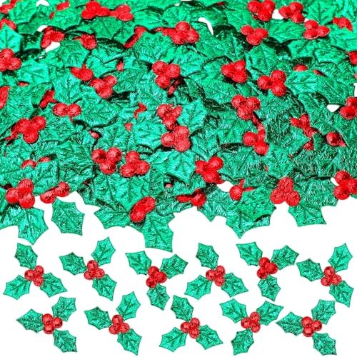 MARFOREVER 100Pcs Christmas Holly Berries Embellishments, Mini Triple Leaf Berry Sequins Fabric Leaf Confetti Artificial Holly Leaves Table Simulation Holly Berries for Card Wreath Crafts Making