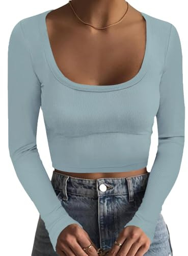 DUOEASE Crop Top Donna Casual Slim Fit Maglietta Donna Maniche Lunghe a Coste Maglia Elegante Autunno Blu Grigio-S
