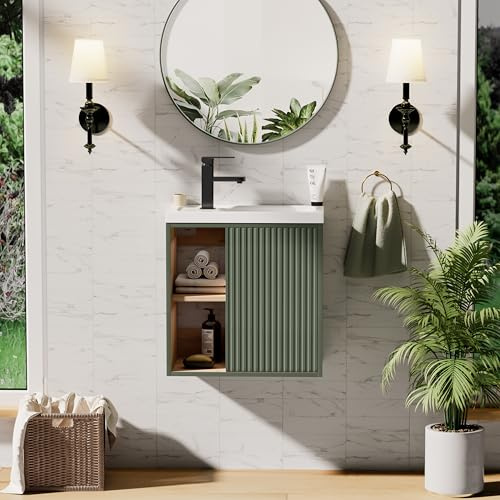 UEV 500 mm Wall Hung Vanity Unit with Resin Sink, Space-Saving Storage Cabinet, Modern Green Line Design, Wall Mounted Cloakroom Basin