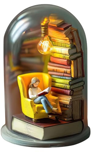 Veilleuse en forme de lecteur, petite statue de bibliothèque, lampe miniature pour amateurs de livres avec mini livres et lumières LED, figurine de lecture, petite statue de bibliothèque, cadeau pour