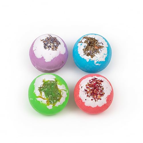 Set of 4 Natural Bath Bombs with Dried Flowers | Colourful Fizzing Bath Bomb Gift Set | Relaxing Spa Bath Bombs for Women & Men | Handmade Bath Bombs