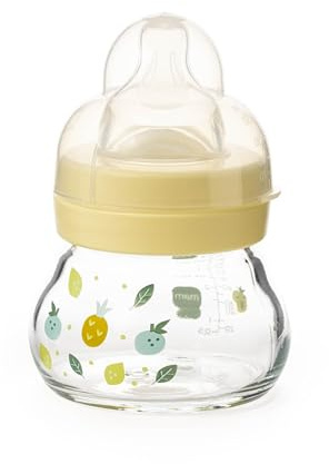 MAM Feel Good Glass Bottle | 1 Pack (1 x 90ml) | Extra Slow Flow MAM Teat Size 0 | Baby Accessories for Newborn | Yellow (Various Designs)