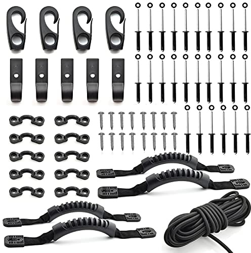 Kayak Carry Handle Rigging Kit - 4 Pcs Kayak Canoe Carry Handles with Rivet Pad Eyes & J - Hooks, 15 FT 6mm Elastic Bungee Cord Replacement Parts for Kayaks Canoes Boat Suitcase (Black)