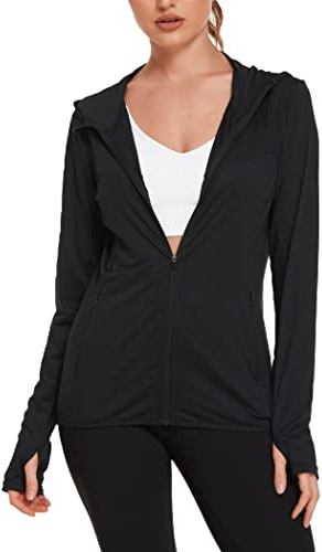 COOrun Women's UPF 50+ Sun Protection Hoodie Jacket Lightweight Full Zip Running Jacket Athletic Workout Top with Thumb Holes Zipper Pockets Black XXL
