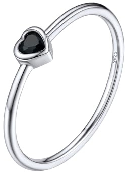 Silvora Anillo Circonita Corazón Mujer Plata de Primera Ley Anillo Fino Dedo Medio Anillo Alianza Diamante Simulado Anillo Apilable Solitario Oro Blanco Sortija Piedra Negra Talla 14 (54.4mm)