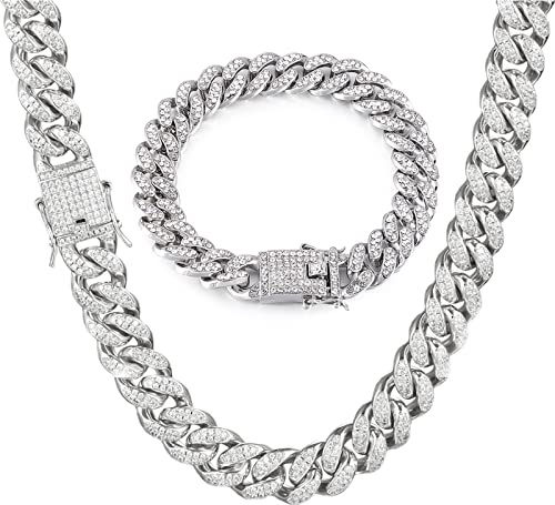 GIHENHAO 2pcs Cuban Link Chain for Men,Silver Necklace and Bracelet,Miami Cuban Chains,Bling Diamond Chain for Hip Hop Jewelry