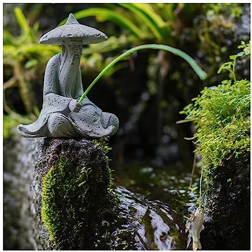 livelyfish Mini Fisherman Statue Asian Zen Decoration Sitting Fishing Figurines Sandstone Vintage Ornament for Aquarium Fish Tank Pot Garden Home Japanese Decor,D