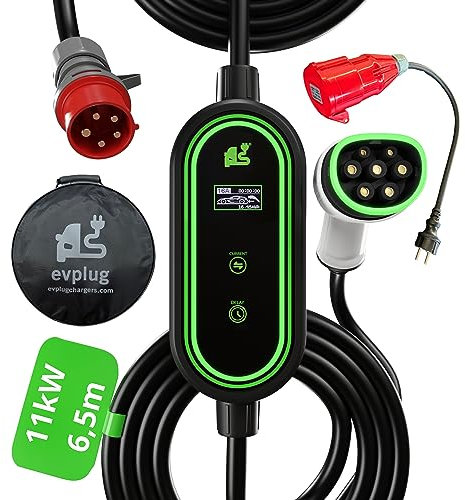 EVPLUG® Elektroauto-Ladegerät Tragbares Ladekabel mit Einstellbarem Digitaldisplay (Typ 2 | 6,5m + Adapter, 11kW | 16A)