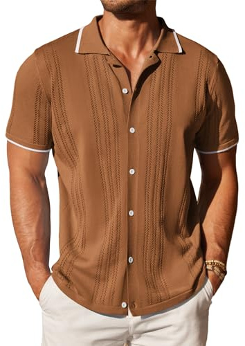 COOFANDY Men's Knit Button Down Shirt Vintage Short Sleeve Polo Shirts Casual Beach Tops Brown