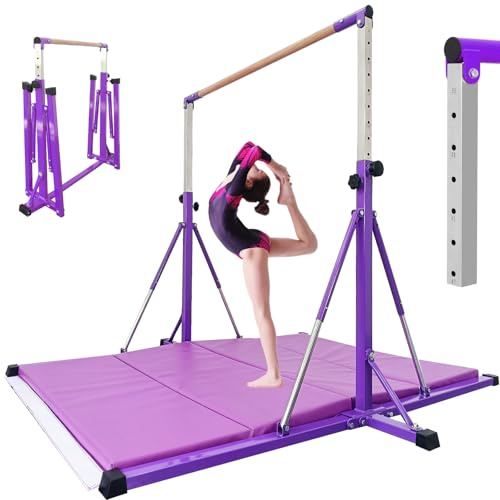 FC FUNCHEER Gymnastics Bar for Kids Ages 3-15, 35 to 60 Adjustable Height, 4FT Wide Base - Professional Kip Bar with 360° Stability & Fiberglass Crossbar, Easy Fold&Solid Design for Home Training
