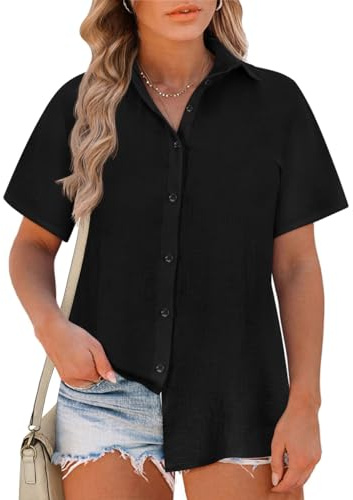 RITERA Womens Plus Size Tops Button Down Roll-Up Cuffed Short Sleeve T-Shirt Black Blouses Collared Shirts Summer Beach Cotton Tops Wrinkle Free Blouse Lightweight Tunics Casual 4XL 24W 26W