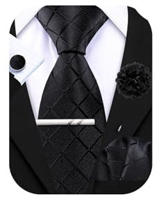 Ailisus Herren Krawatte Set Seide Einfarbig Plaid Einstecktuch Manschettenknöpfe Krawattennadel und Handgefertigt Boutonniere