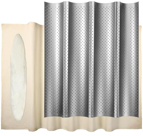 lasuroa French Bread Baking Pan with Professional Proofing Cloth, 4 Loaves Baguette Bread Pan Long Sourdough Bread Baking Tray Perforated French Bread Pan for Professional & Home Baker