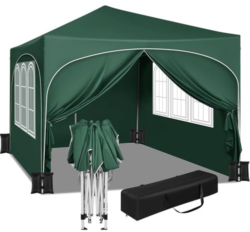 WOLTU Pabellón de Jardín Cenador Plegable Pérgola con Techo Carpa para Exteriores de Tela Oxford,con Paredes Laterales, Camping y Playa,4PCS Bolsas de Arena Vacía para Carpas,Verde