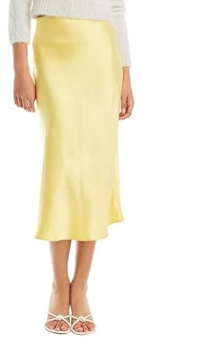 SANSIWU Women Satin Long Skirt Summer Casual Drawstring Elastic Midi Skirt Lightweight A Line Flared Silk Long Skirts (Yellow, L)