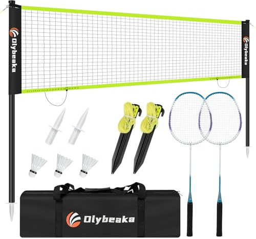 12ft Badminton Net Set for Backyard Beach with Durable Anti-Sagging Net, Heavy Duty Poles, 2 Aluminum Badminton Rackets, 3 Shuttlecocks, Carry Bag - Easy Setup & High Stable (Red, 12ft)