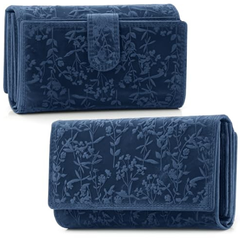 ekavale Damen-Geldbörse groß im Langformat Portemonnaie mit Druckknopf und RFID- Schutz, Geldbörse mit Blüten Muster (Navy)